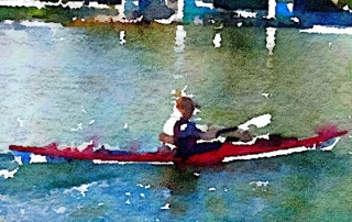Kayaking under the Cambie Bridge. Art © Linda Naiman